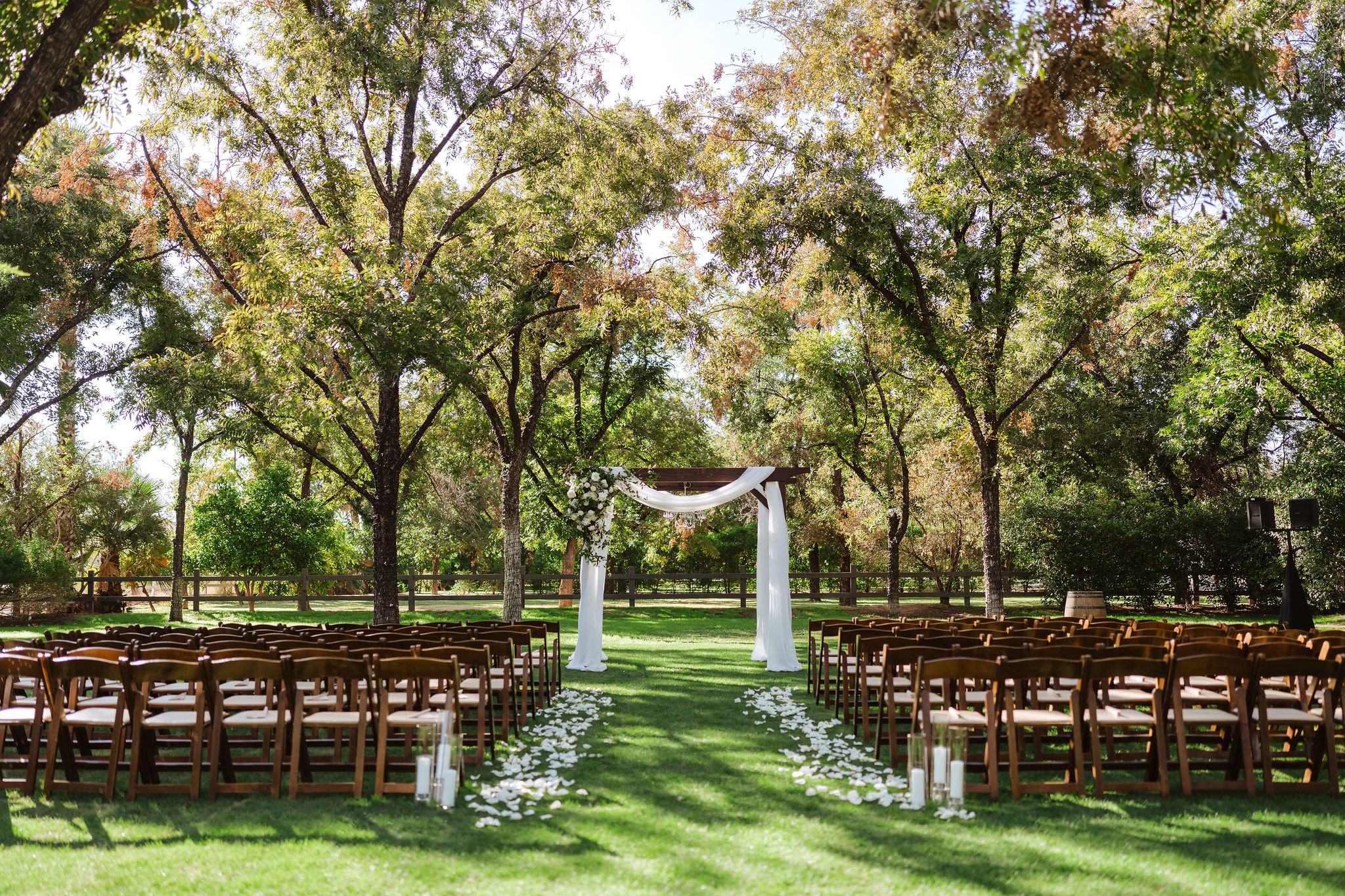 Outdoor wedding ceremony beneath mature trees with white draping and elegant floral details at Venue at the Grove.