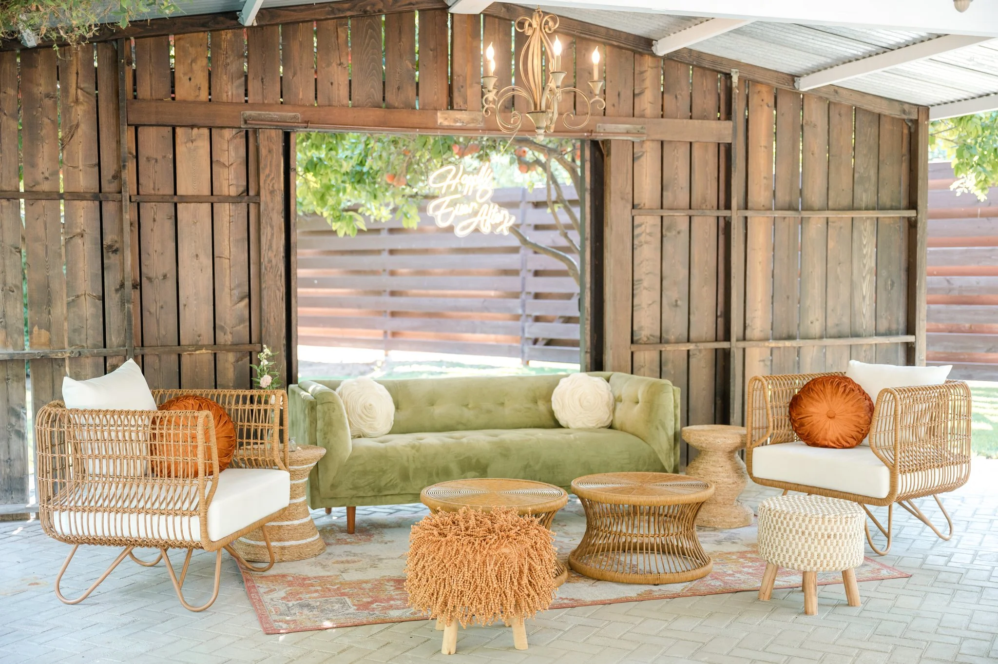 Rustic wedding reception space at Venue at the Grove with warm wood details and garden-inspired décor.