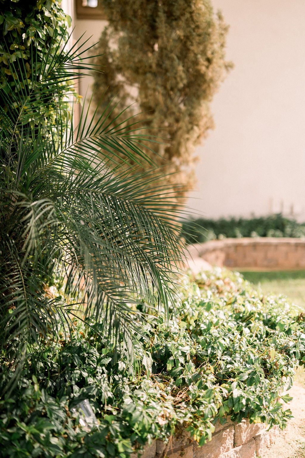 Romantic outdoor wedding setting at Knotty Barn surrounded by greenery and rustic garden details.
