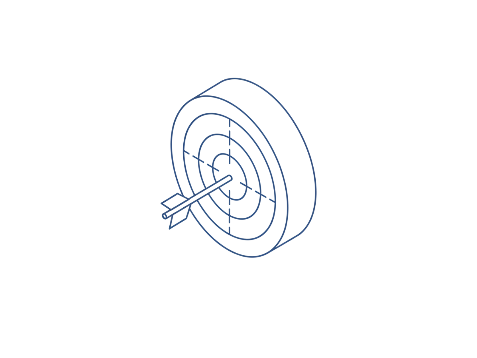 A 3D line drawing of a target with concentric circles and an arrow hitting the bullseye.