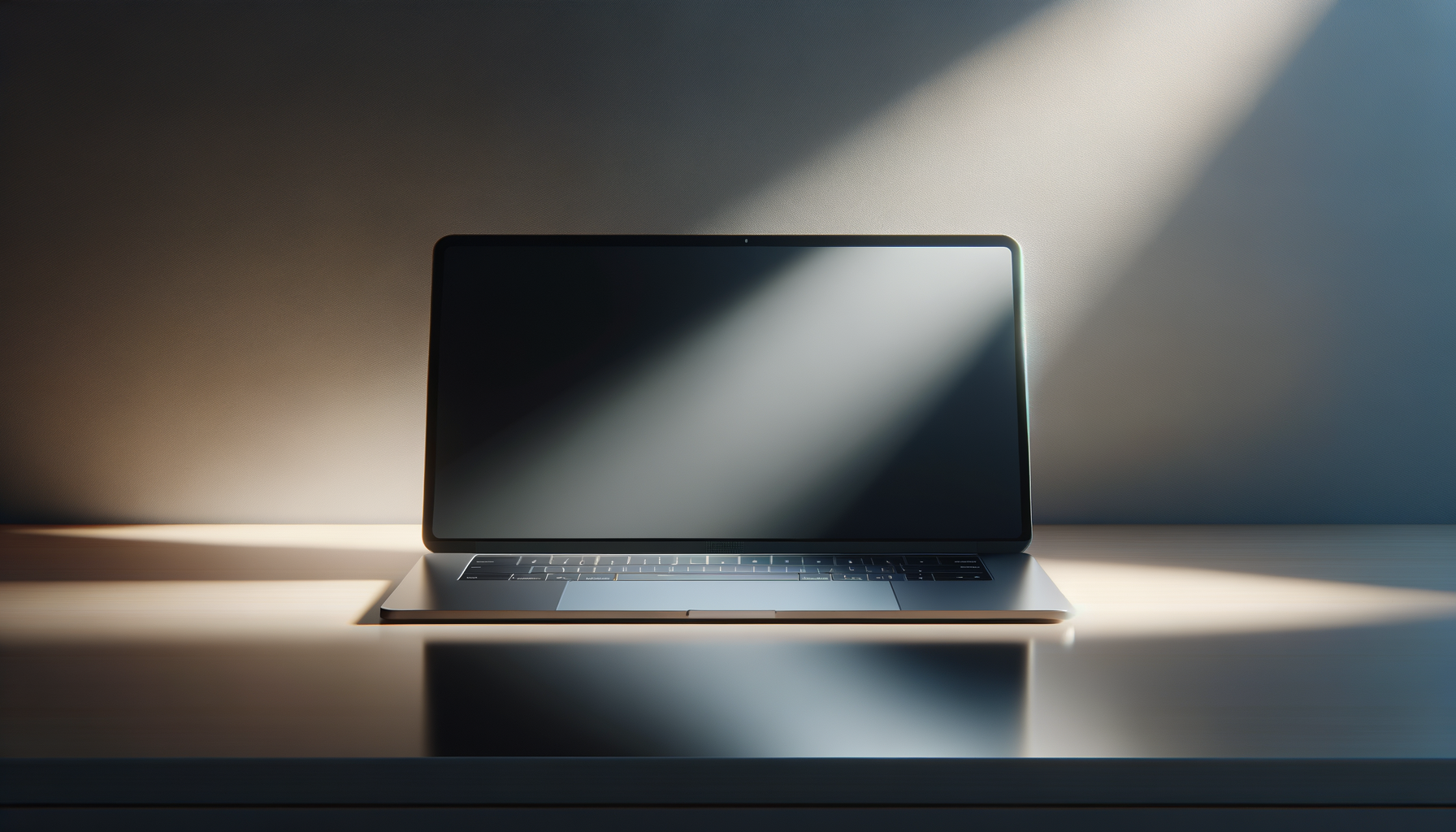 A closed laptop on a wooden desk with sunlight streaming in, casting shadows.