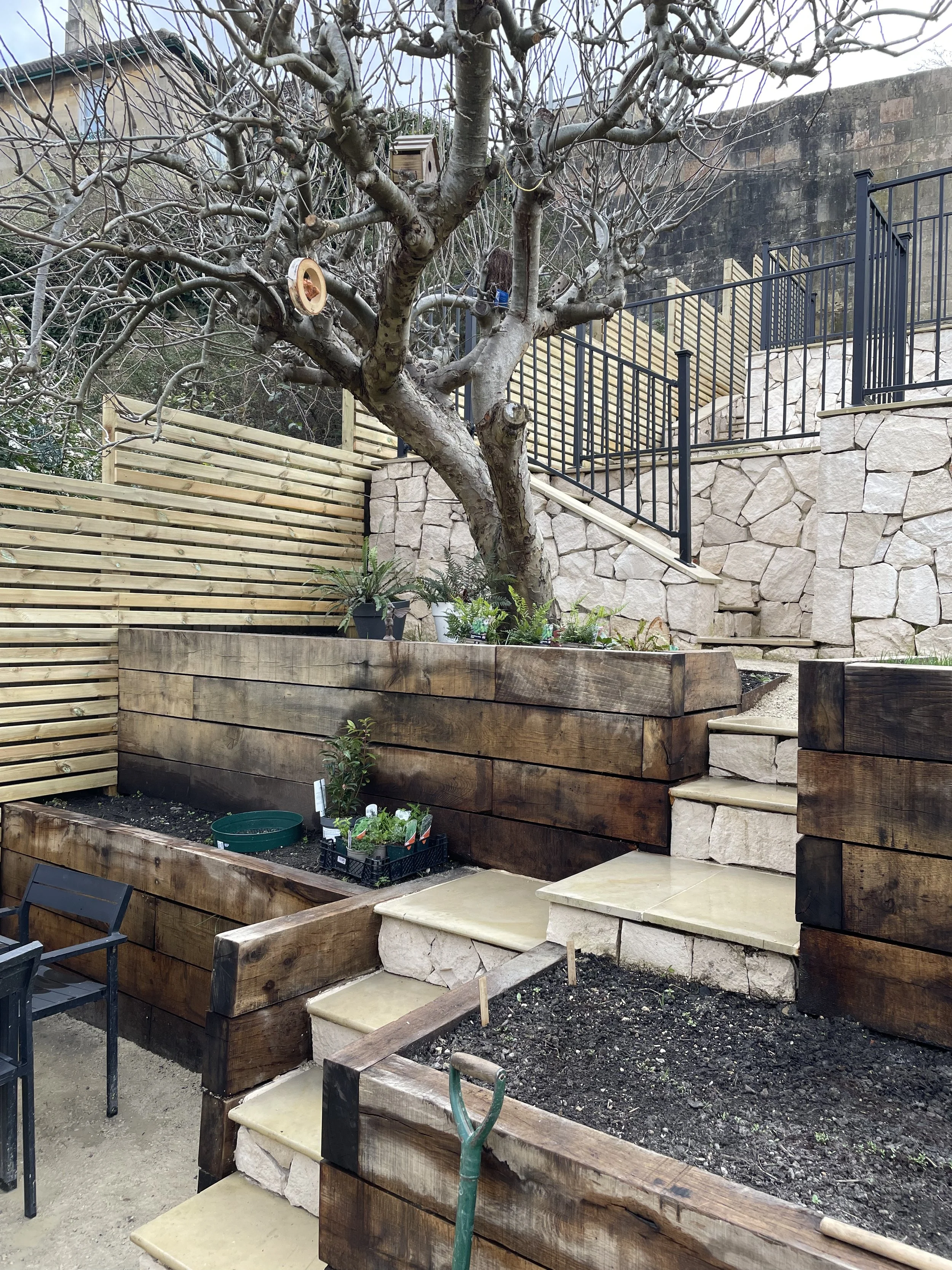 A backyard garden with a large, leafless tree, wooden and stone retaining walls, stairs, and fencing. Potted plants and gardening supplies are visible.