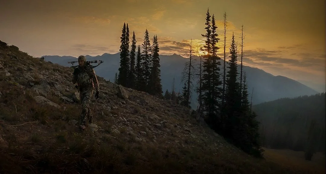 A person in camouflage clothing walking up a mountain trail with a rifle on their shoulder during sunset, with tall pine trees and mountain peaks in the background.