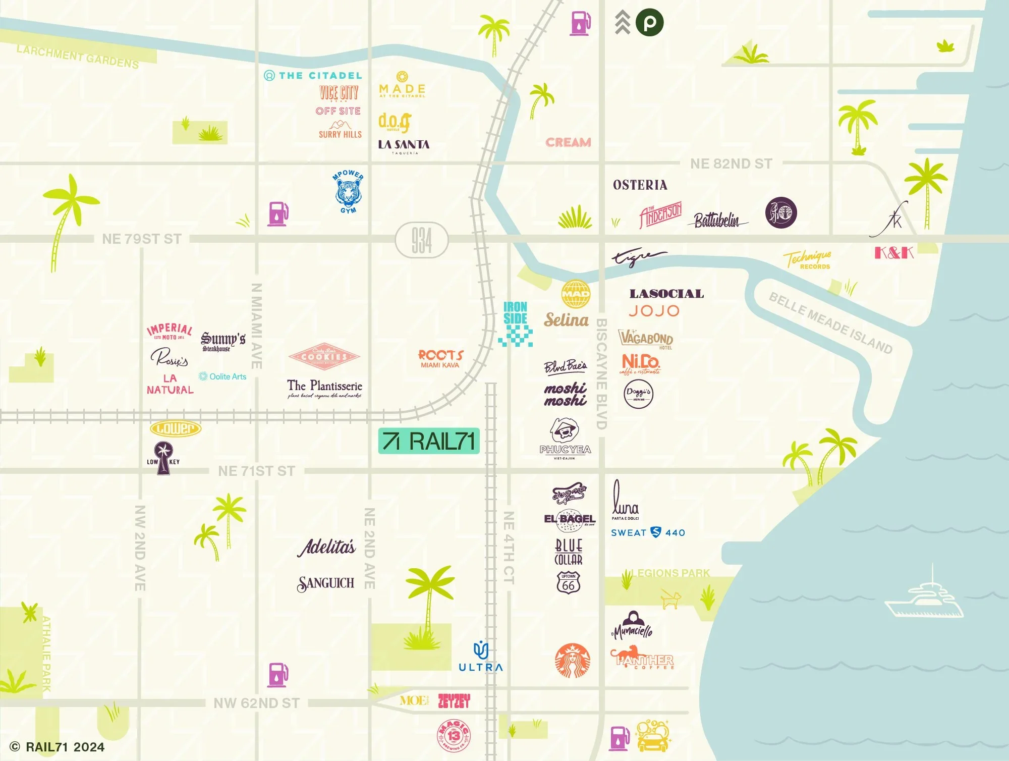 Map of a Miami neighborhood showing streets, landmarks, and local businesses, including cafes, hotels, and restaurants, along with a nearby water body and a ferry.