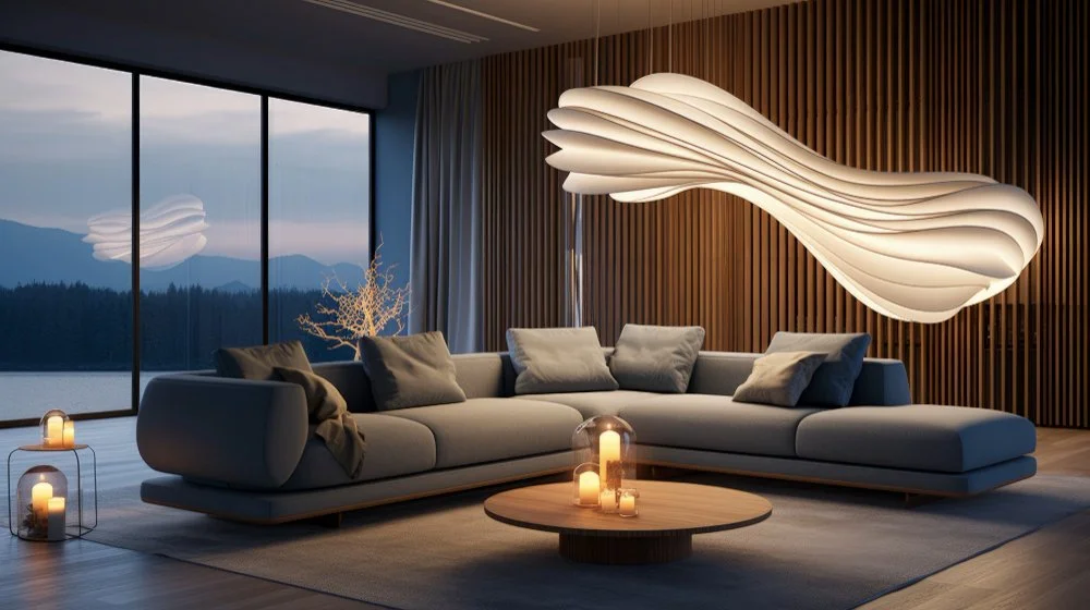Modern living room with large window overlooking mountains, a gray sectional sofa with cushions, a wooden coffee table with candles, and an abstract white light fixture on the wooden-paneled wall.