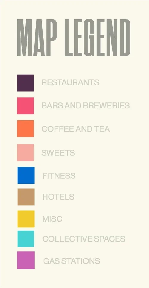 Map legend with colored labels for categories including Restaurants, Bars and Breweries, Coffee and Tea, Sweets, Fitness, Hotels, Misc, Collective Spaces, Gas Stations.