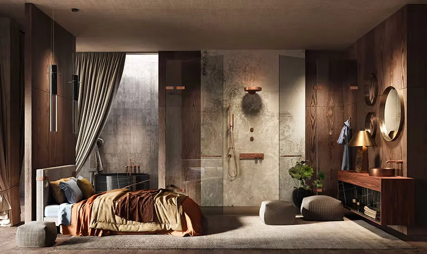 A modern bedroom with wooden panel walls, a bed with beige and rust-colored bedding, a seating area with ottomans, and a bathroom with a walk-in shower, a plant, and minimalist decor.
