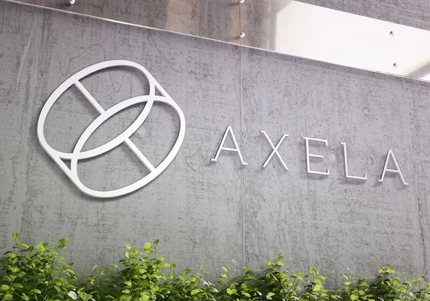 Sign with the word 'AXELA' and a geometric logo on a concrete wall, with green plants at the bottom.