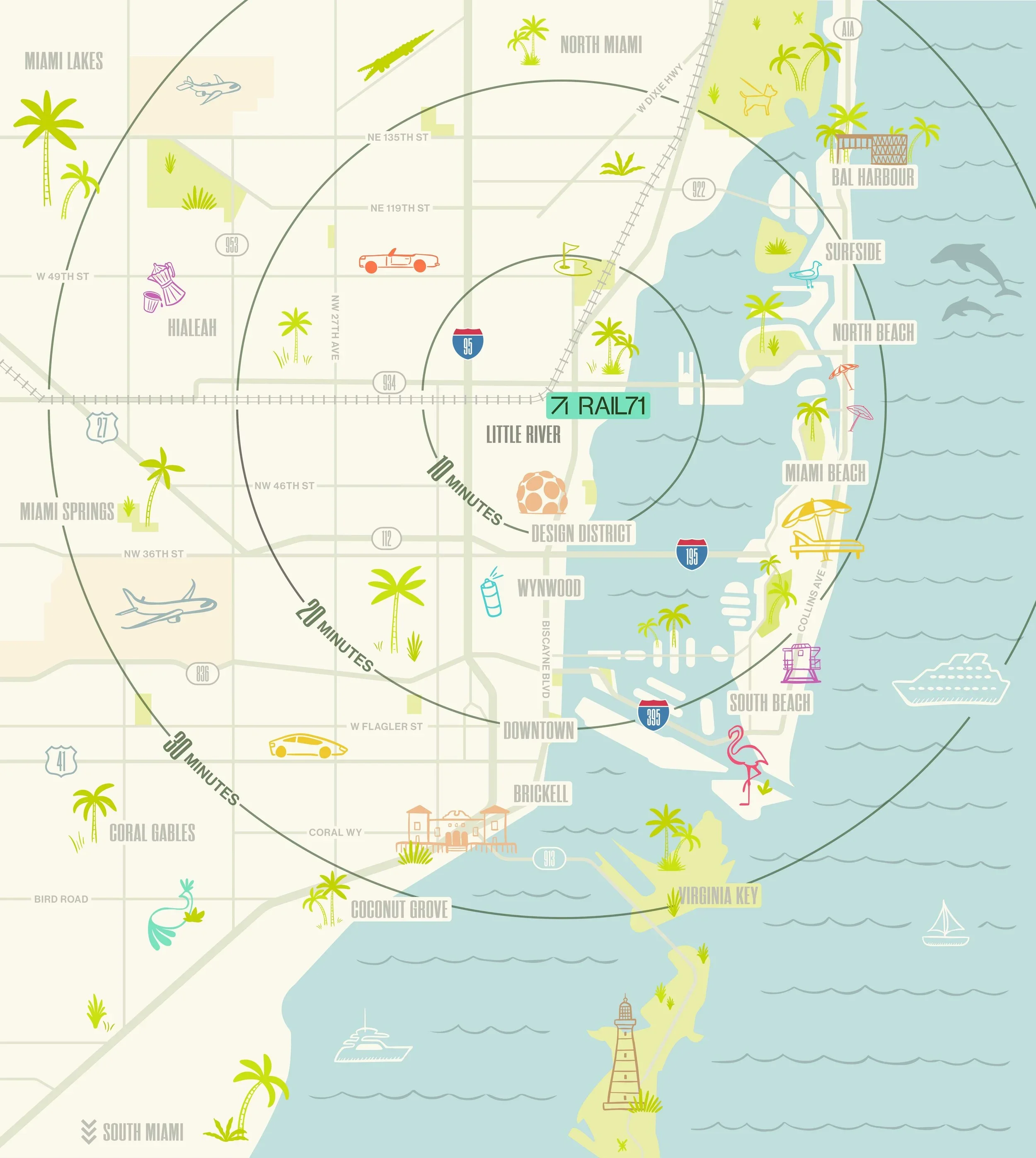 Map of South Florida including Miami, Miami Beach, Coconut Grove, Virginia Key, and surrounding areas with transportation routes, landmarks, and natural features.