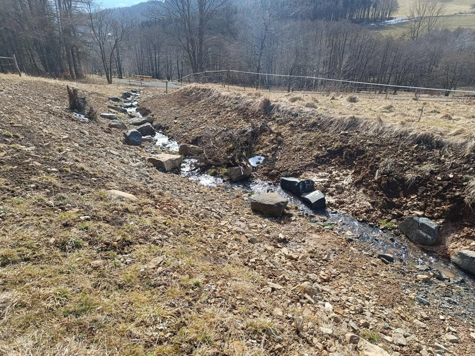 Ein kleiner Bach fließt durch eine geröllige, trockene Landschaft mit spärlichem Gras, im Hintergrund sind Bäume und Felder zu sehen, bei Sonnenlicht.