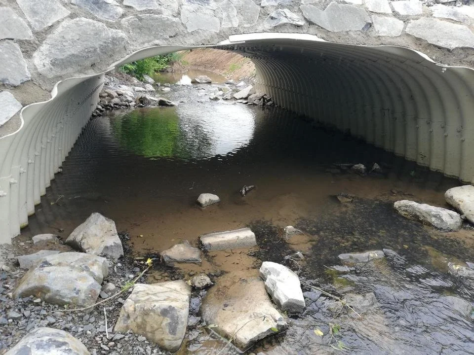 Ein Fluss unter einer Felsbrücke, mit Steinen im Wasser und am Ufer.
