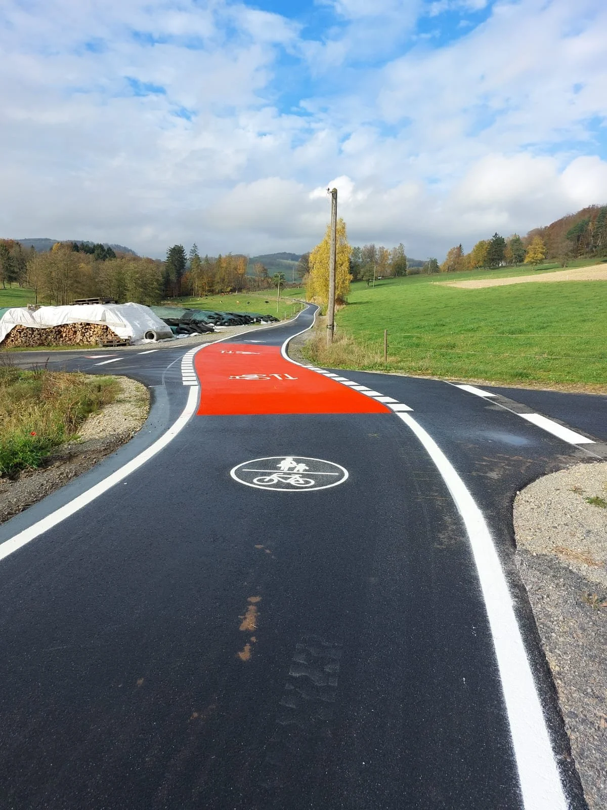 Ein landwirtschaftlicher Weg mit Fahrradspur, roter Markierung, ländliche Landschaft mit Bäumen und Hügeln, bewölkter Himmel im Hintergrund.