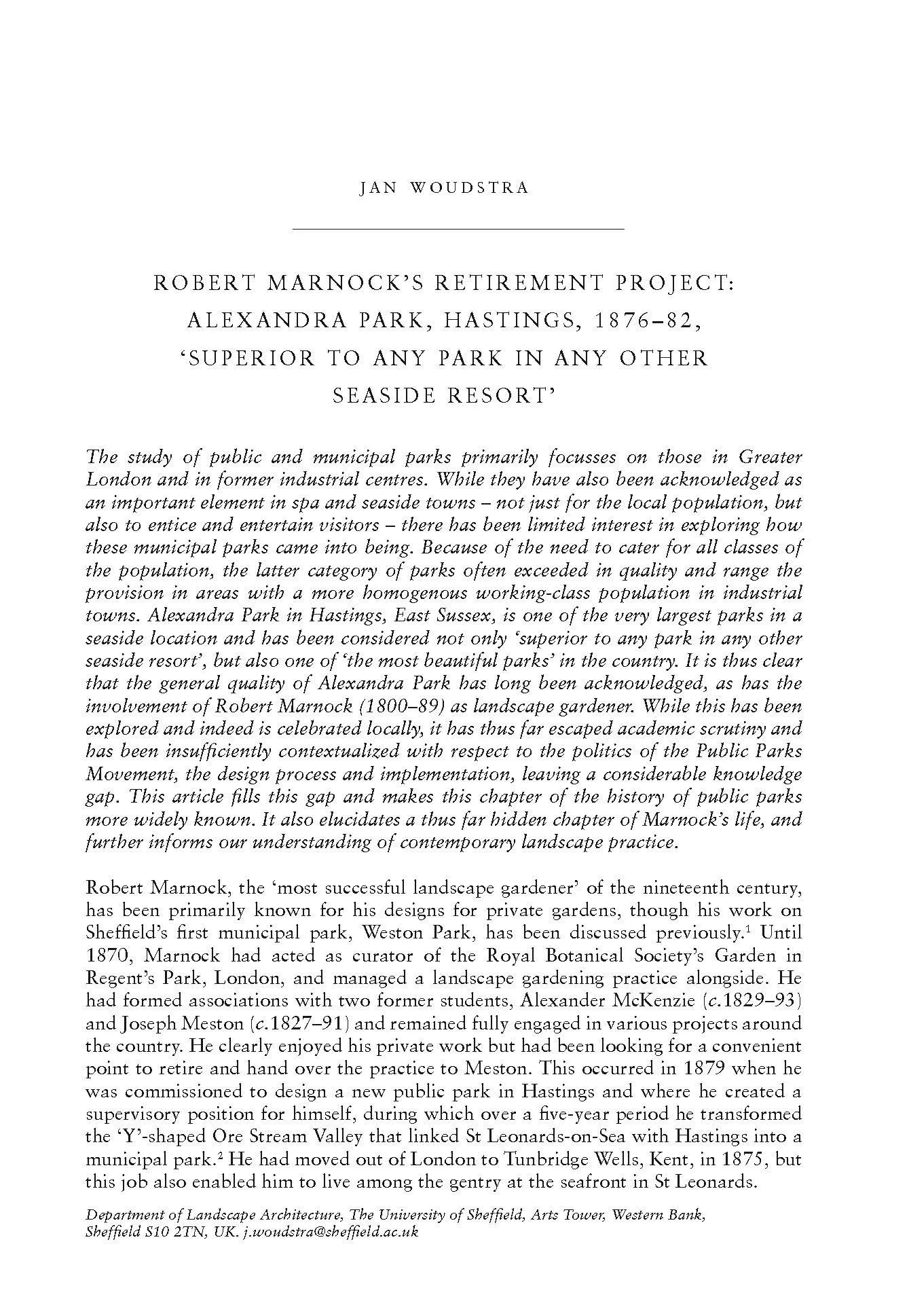 Jan Woudstra, ‘Robert Marnock’s retirement project: Alexandra Park, Hastings (1876-1882), ‘superior to any park in any other seaside resort’, Garden History, 51:1 (2023), pp.17-38