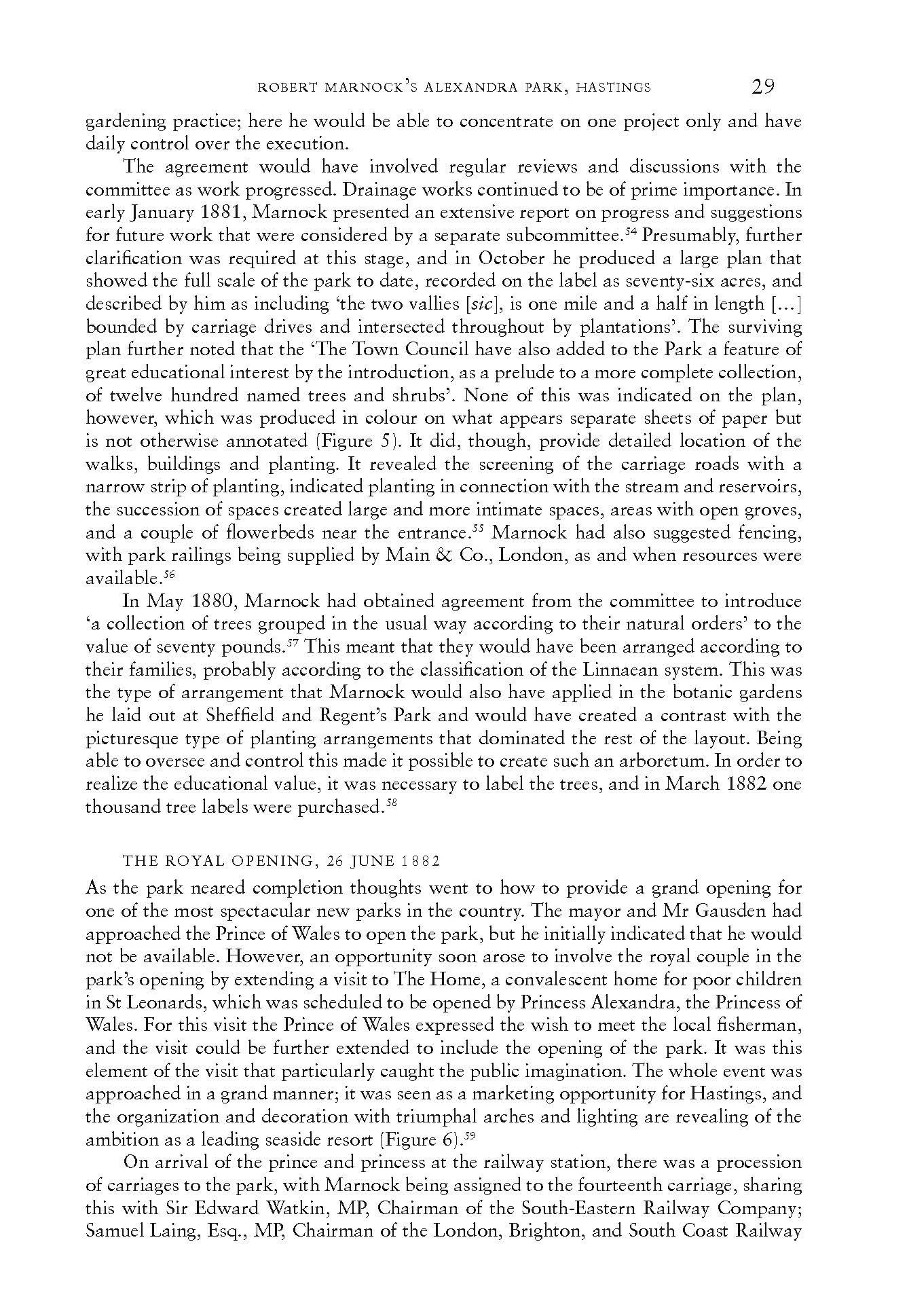 A page from a historical document about Robert Marnock and Alexandra Park, discussing plans, descriptions, and events related to the park's development and opening in 1882.