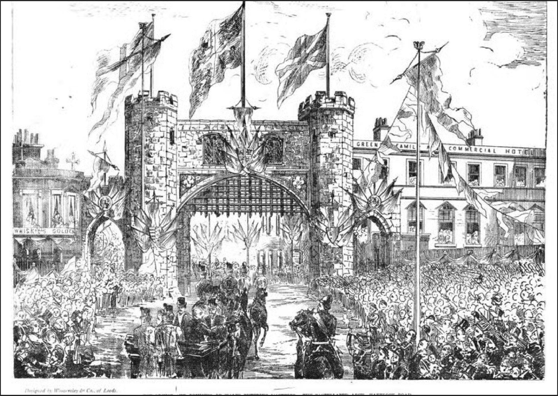 A historic black and white illustration of the entrance to a government or official building, with flags flying on tall poles, decorative banners draped around the entrance, and a crowd of people in front, some on horseback and others walking.