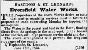 Advertisement for Hastings & St. Leonards Eversfeld Water Works from June 18th, 1853, describing water supply improvements.