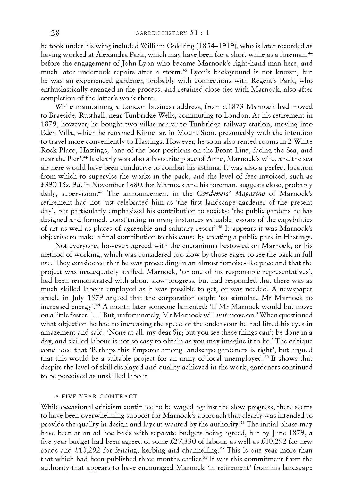 Page from a book discussing garden history, mentioning William Goldring and John Lyon, and detailing Marnock's landscape gardening contributions.