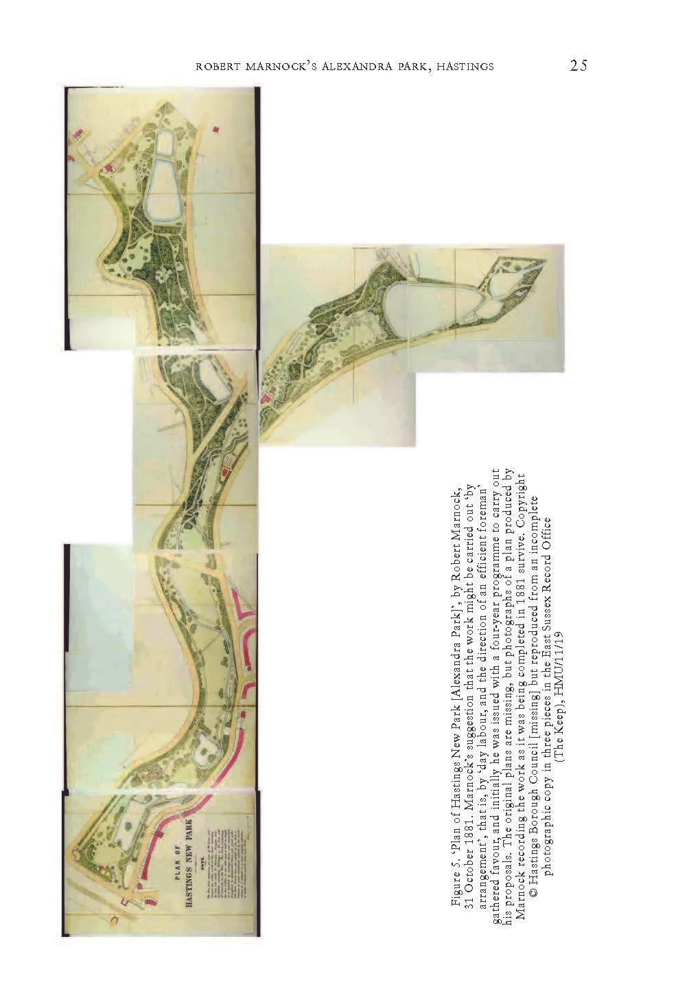 Map of Hastings New Park, showing layout, pathways, and vegetated areas, with some labels and an informational note.