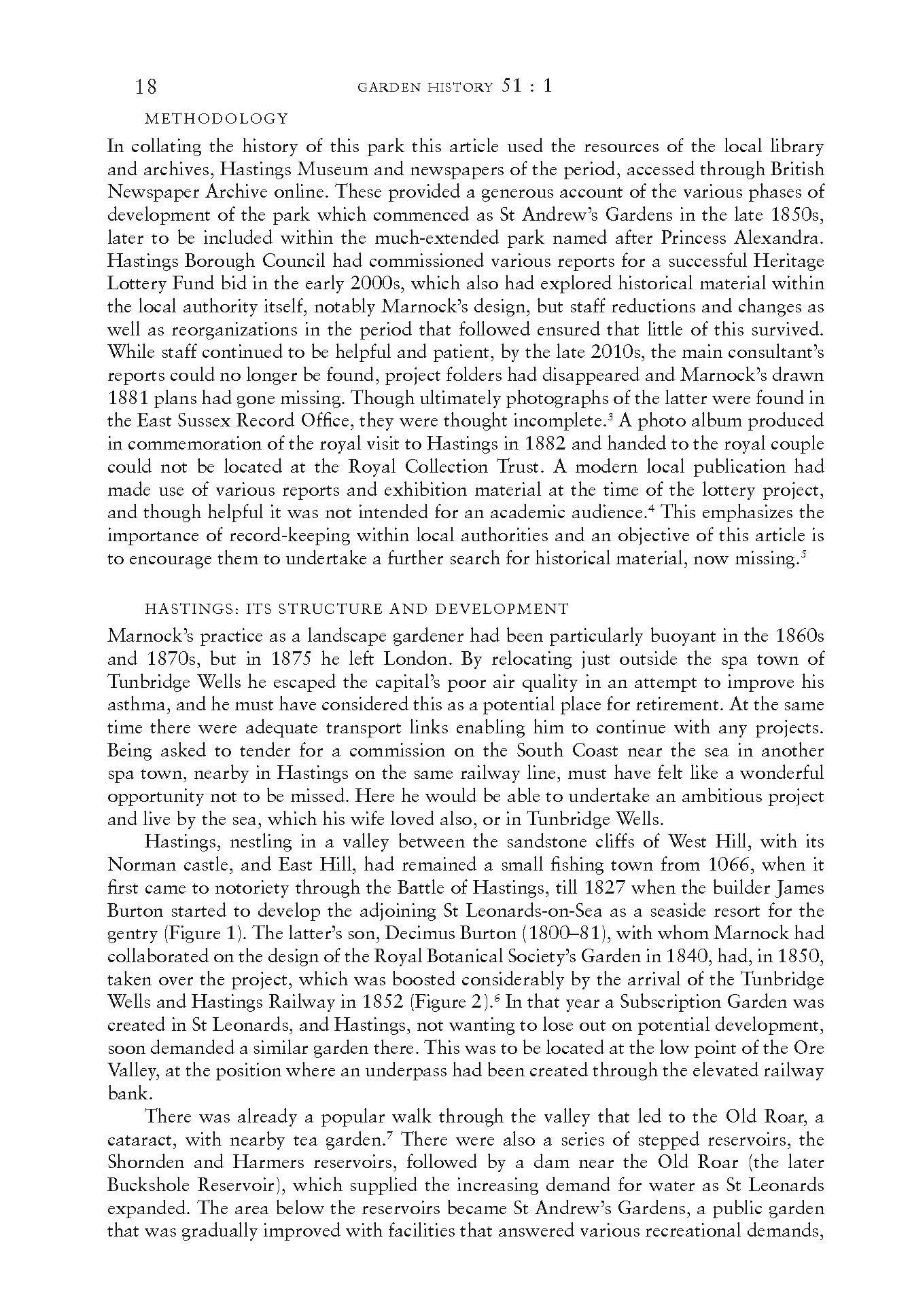 Page from a book or article with text about the history and development of Hastings Gardens and its landscape design.