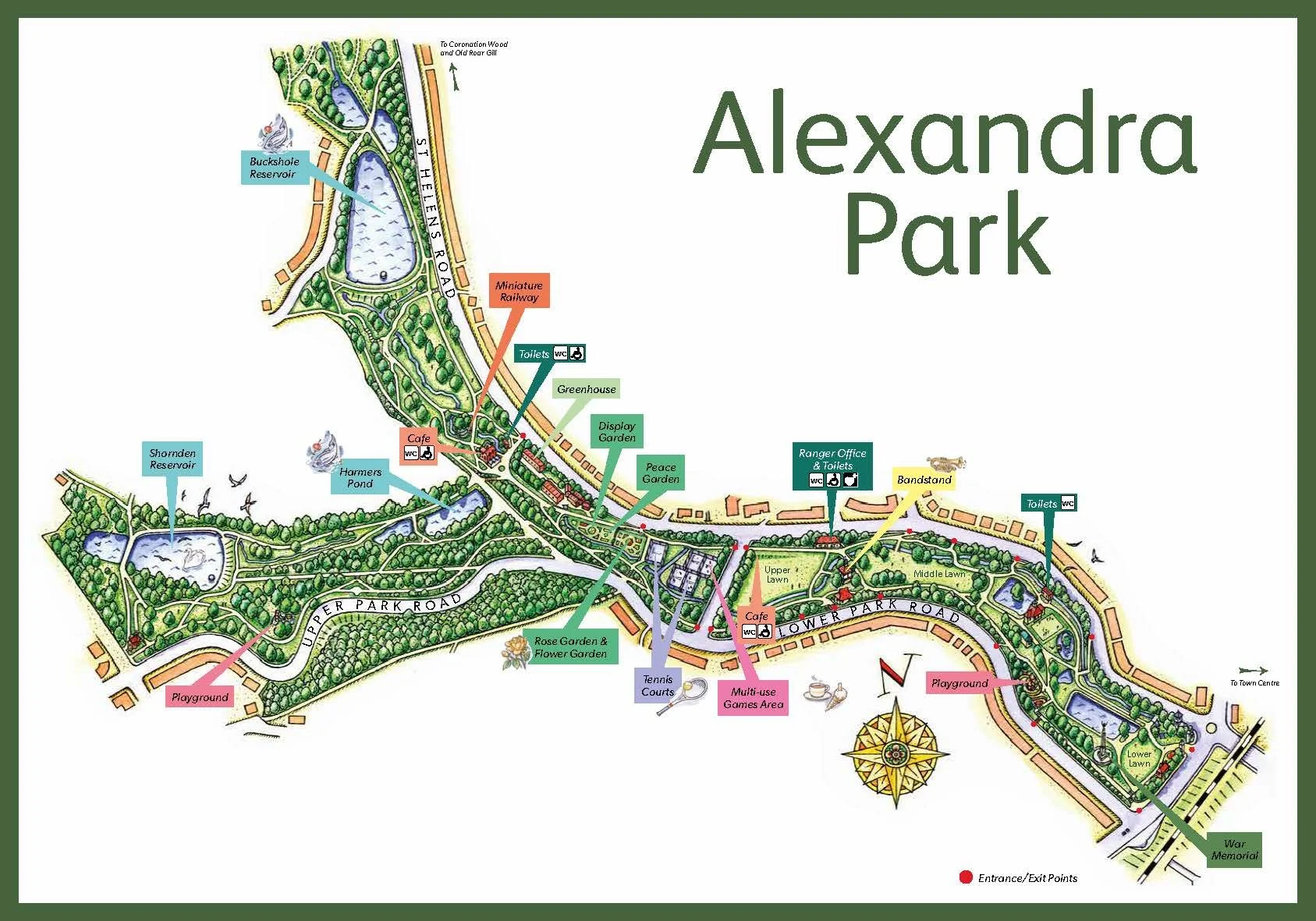 Map of Alexandra Park showing lakes, gardens, playgrounds, roads, toilets, and other facilities, with various color-coded labels and icons.