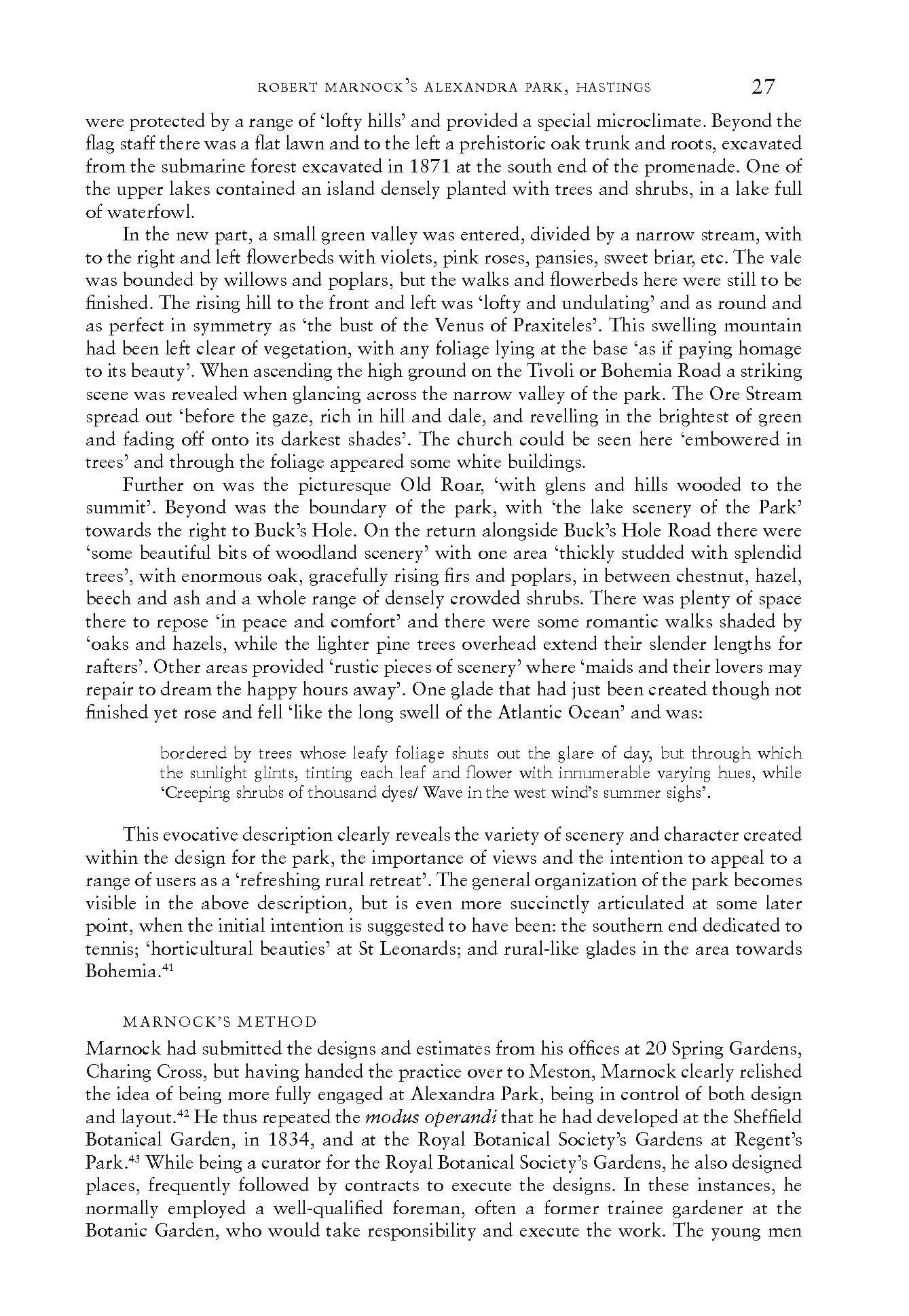 A page of text from a book discussing Robert Marnock's work at Alexandra Park in Hastings, describing the park's features, landscape, and design details.