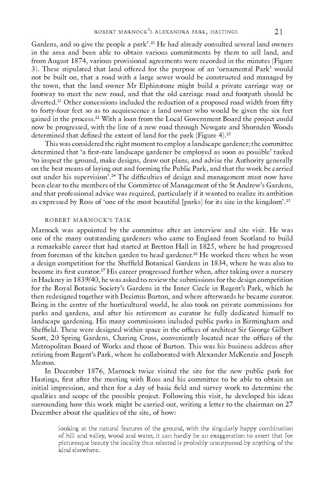 Page from a book or document discussing Robert Marnock and his work on landscape gardening and public parks in England.