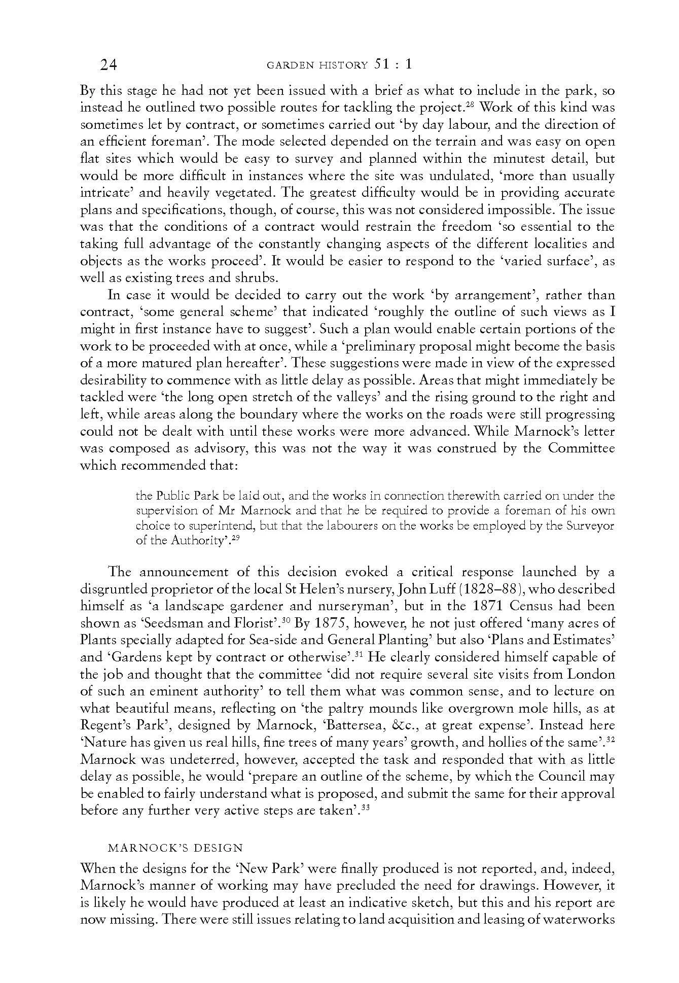 Page from a book titled 'Garden History 51:1' with text discussing landscape and garden construction, plans, and landscape design, mentioning John Luff and Marnoch.