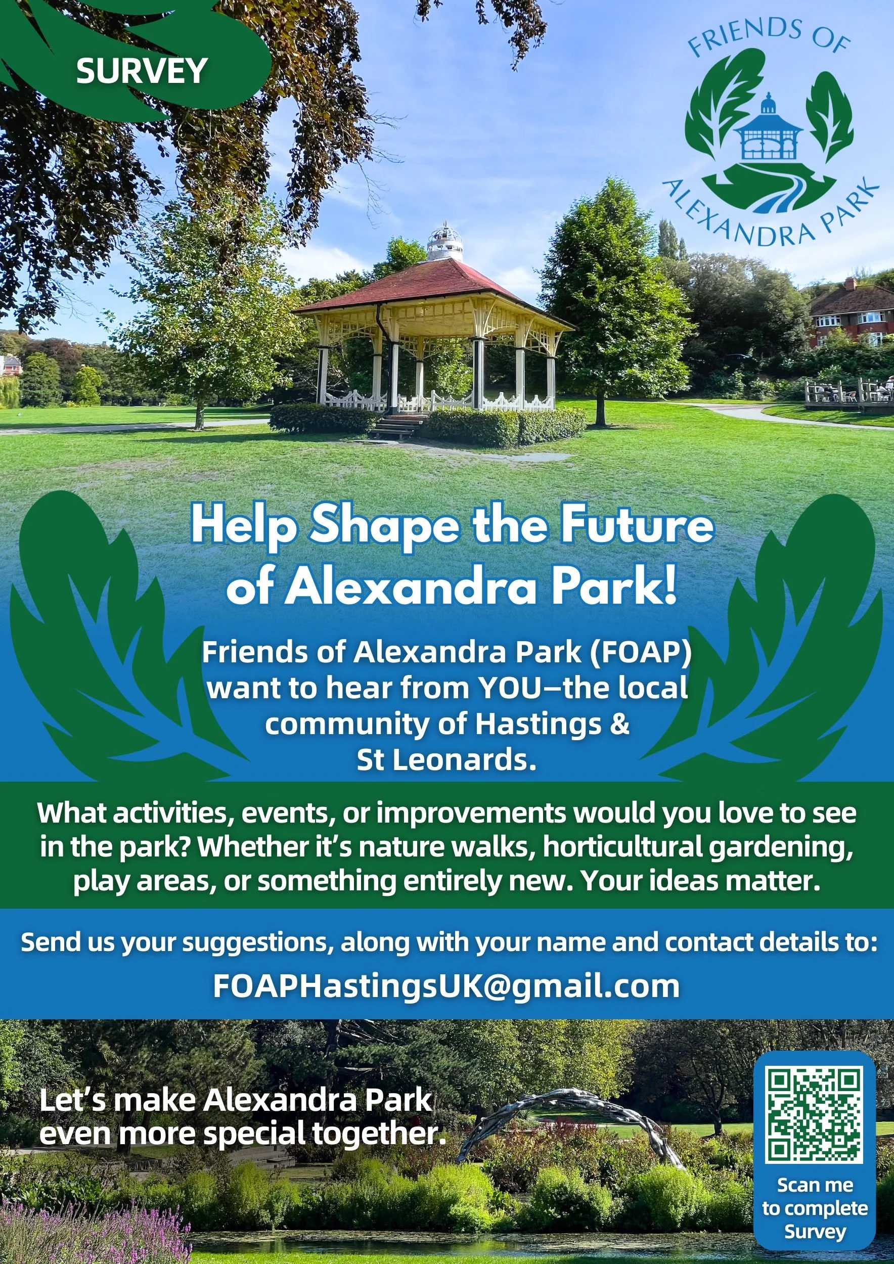 A park scene with a pavilion, trees, and a pond, promoting a community survey for Alexandra Park with a QR code and contact email.