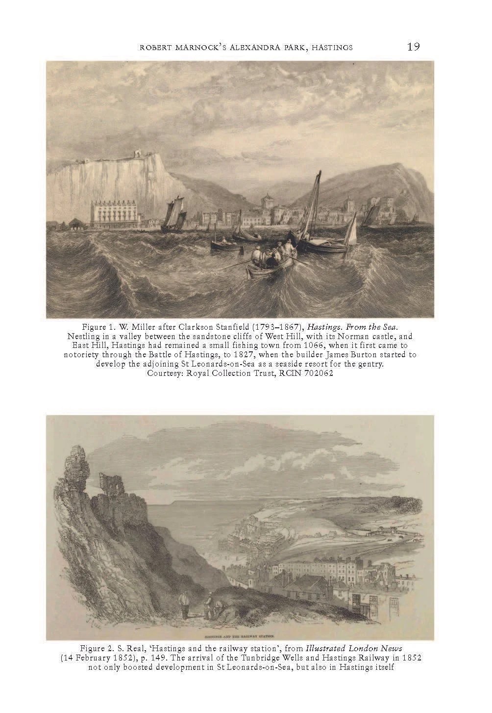 A historical black and white illustration depiction of Hastings harbor with boats navigating the sea. The background shows cliffs and buildings along the shoreline.
