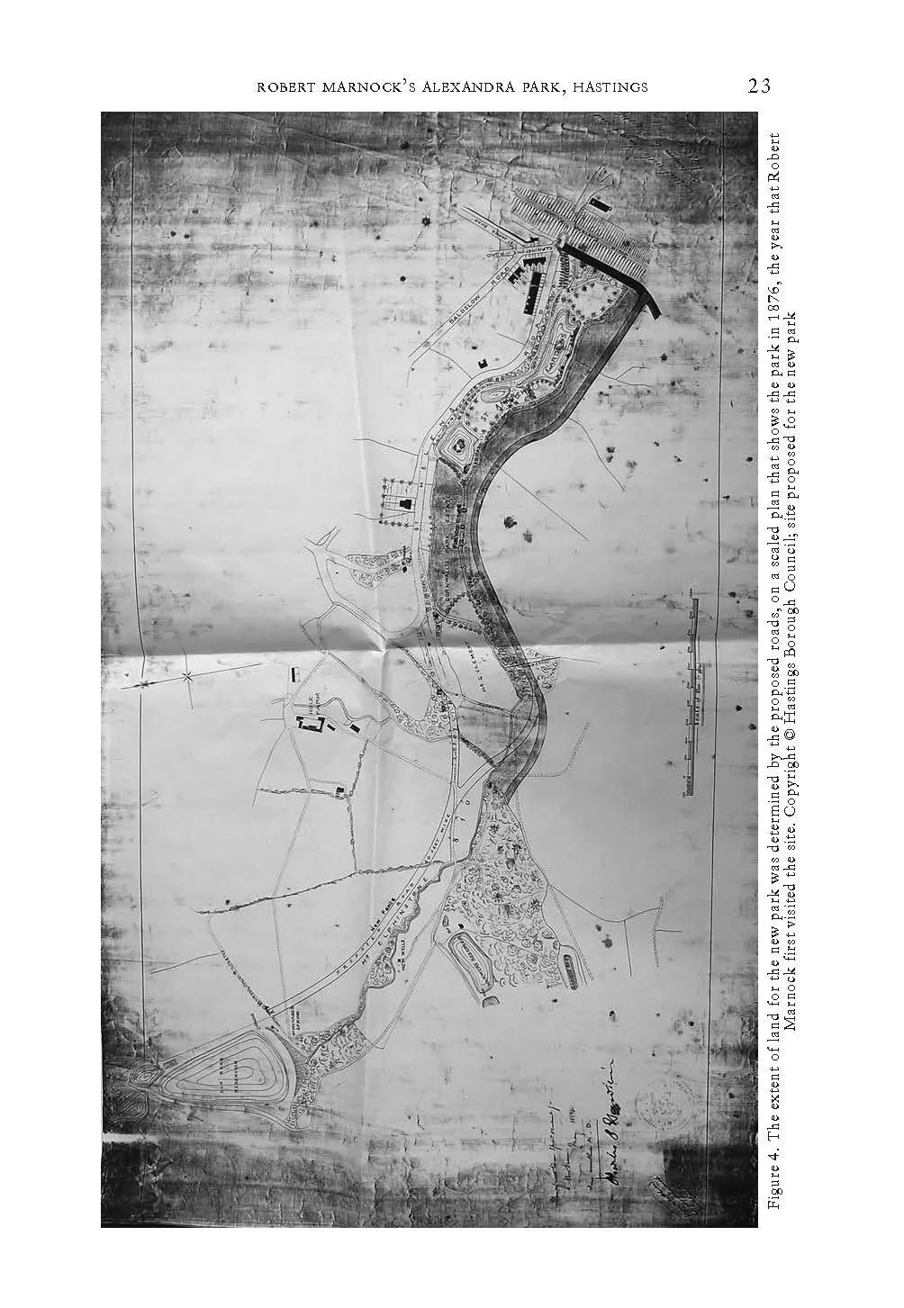 Historical black-and-white map of Alexandra Park in Hastings, showing proposed roads, landscape features, and layout design.