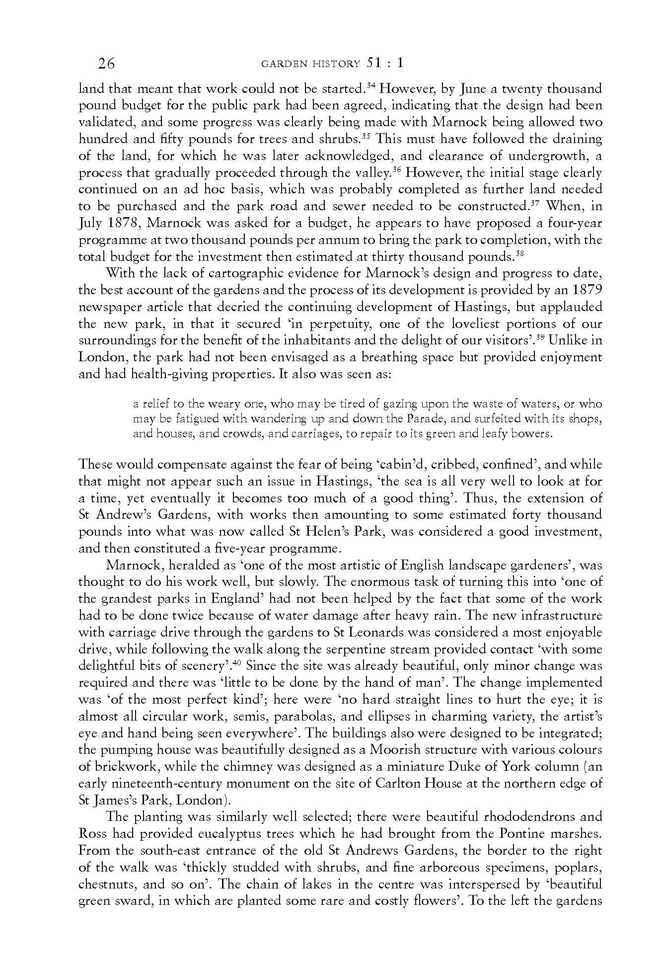 A page from a book on garden history, discussing the development of a public park and its features, including pathways, plants, and structures.