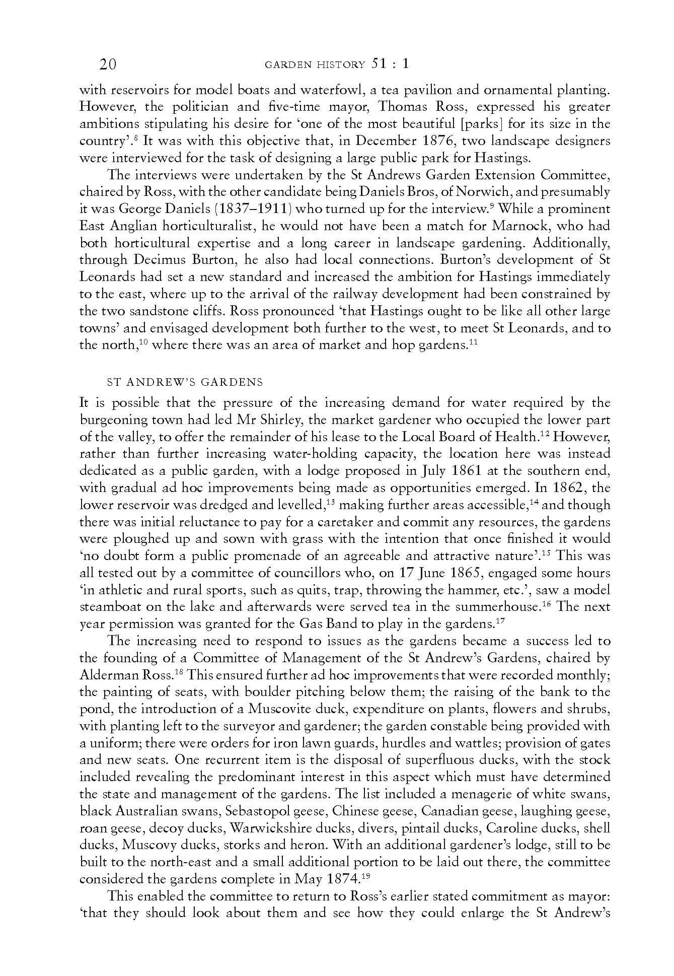Page from a book titled 'Garden History' discussing the design and development of St. Andrew's Gardens, including historical figures and landscape features.