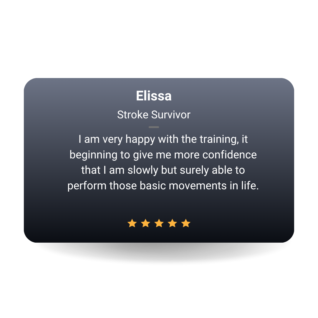 Testimonial card for Elissa, a stroke survivor, praising her training experience with five stars.