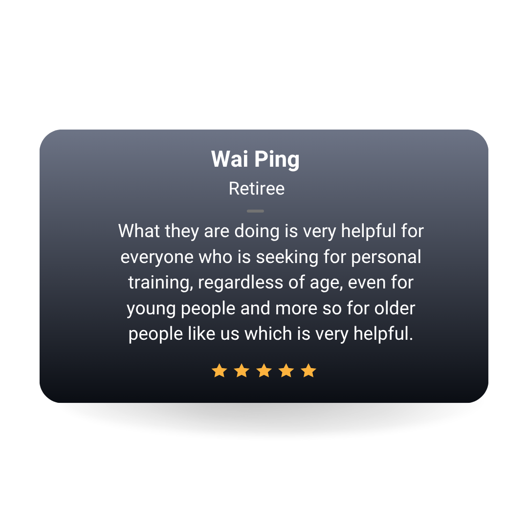 A digital profile card showing the name Wai Ping, labeled as Retiree, with a description of the helpfulness of their activities for self-training across all ages, and a five-star rating.