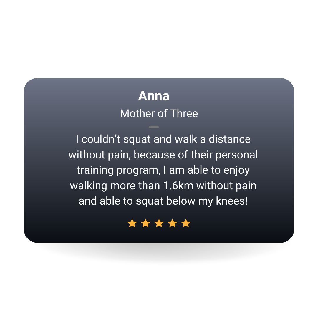 Testimonial card for Anna, a mother of three, about her ability to walk over 1.6 km without pain after her personal training program, with five-star rating.