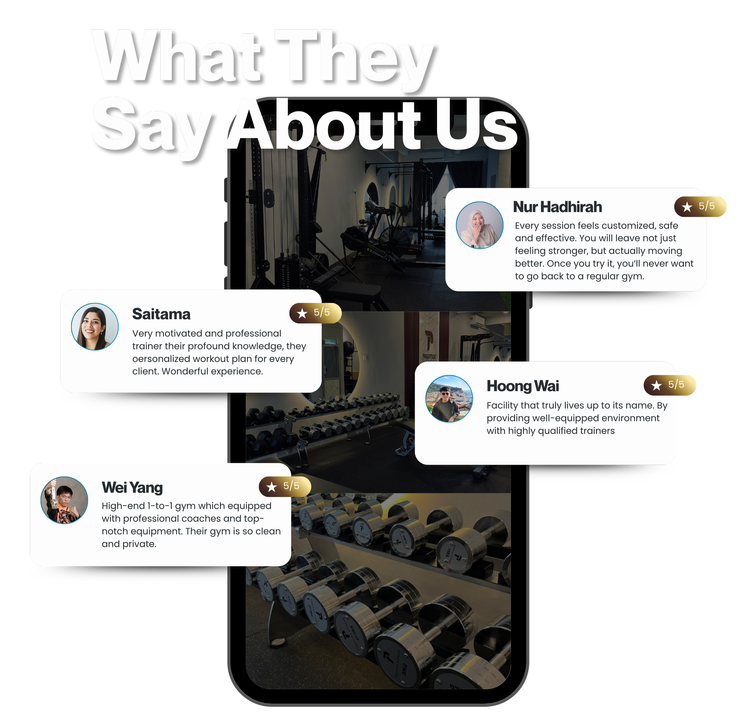 Testimonials and reviews overlaying gym photos, highlighting satisfied clients and well-equipped fitness facility.