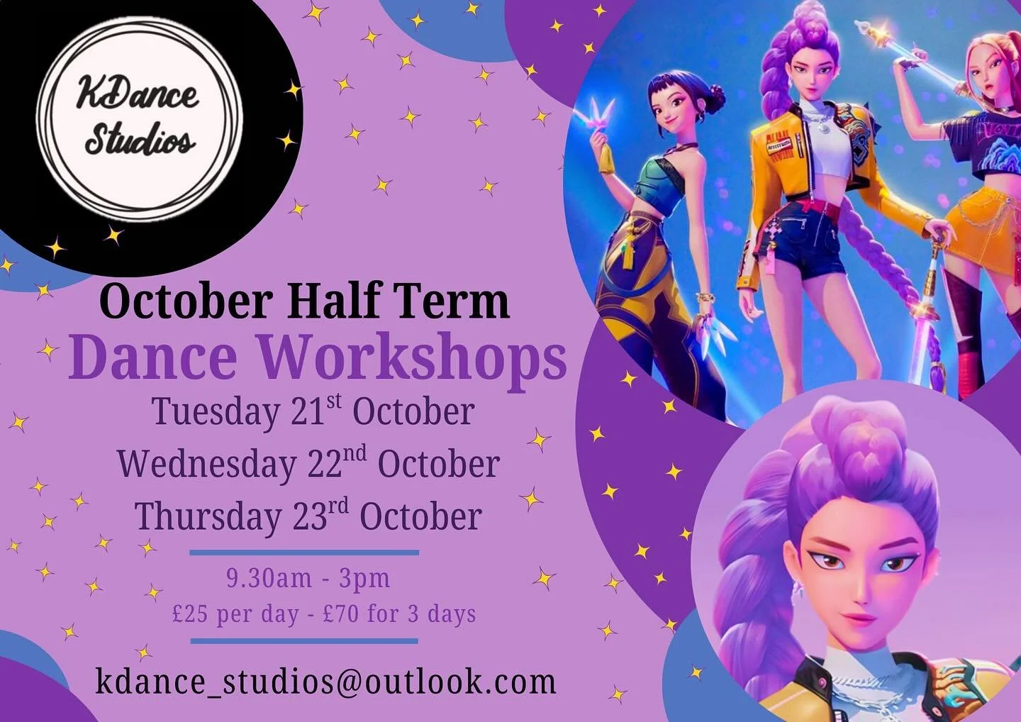 💜October Dance Workshops💙

💜21st, 22nd, 23rd October 
💙9.30-3pm 
💜Harvey Grammar School 
💙&pound;25 per day, discount applied for 3 days booked. 

💜Come and join us for lots of fun, games and dance! Dance workshops are running through October 