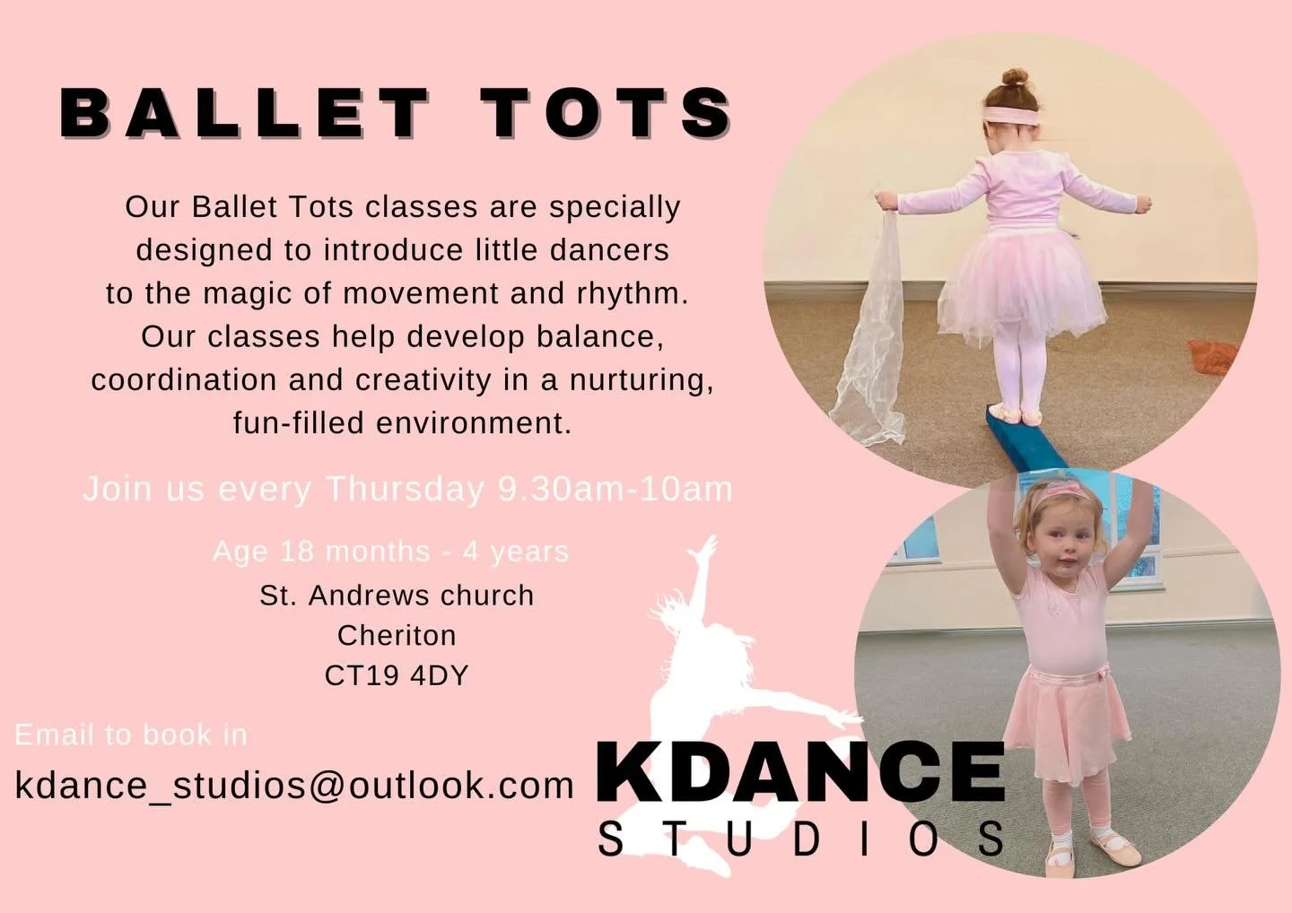 🩰 Ballet Tots
Thursdays 
9.30-10am 
St. Andrews Church, Cheriton 

🩰Join our fun filled class and introduce your little one to the magic of music, movement and rhythm! 

🩰These classes are perfectly structured to offer development of balance, coor