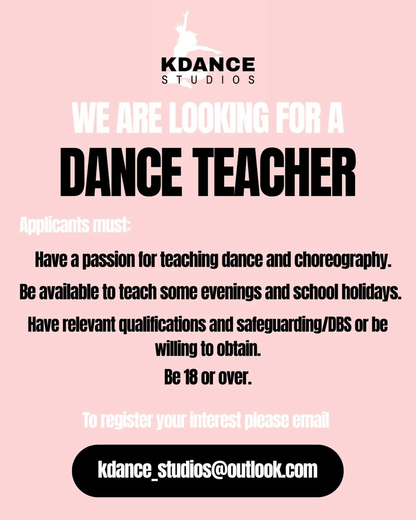 ⭐️ ARE YOU PASSIONATE ABOUT DANCE? ⭐️

Can you share your dance passion with children aged 4-16? 
Do you want to be part of a fun dance company? 
Do you love to teach or new to teaching? 

Please contact kdance_studios@outlook.com with any questions 