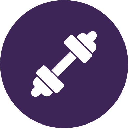 Icon of a dumbbell on a purple circular background.
