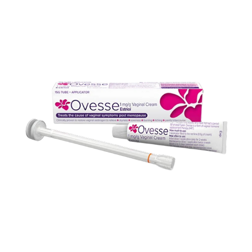 Ovesee vaginal cream package with applicator and tube.