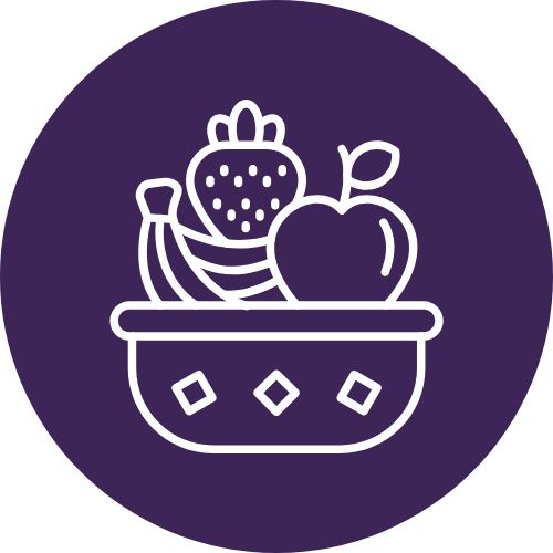 Line drawing of strawberries, banana, and an apple in a basket on a purple background.