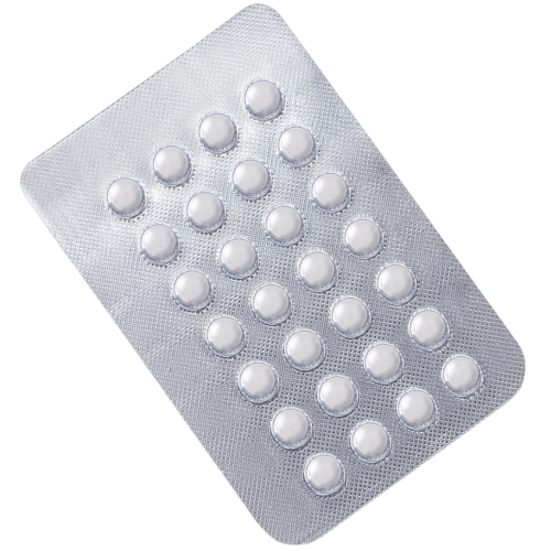 Blister pack of white pills or tablets.