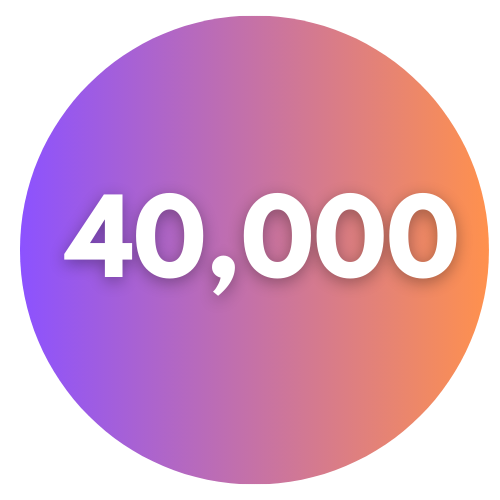 Colorful gradient speech bubble with the number 40,000 in white text.