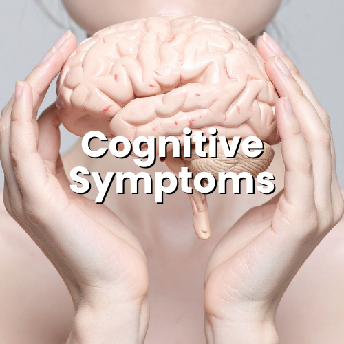Person holding a realistic brain model with the text 'Cognitive Symptoms' overlayed.