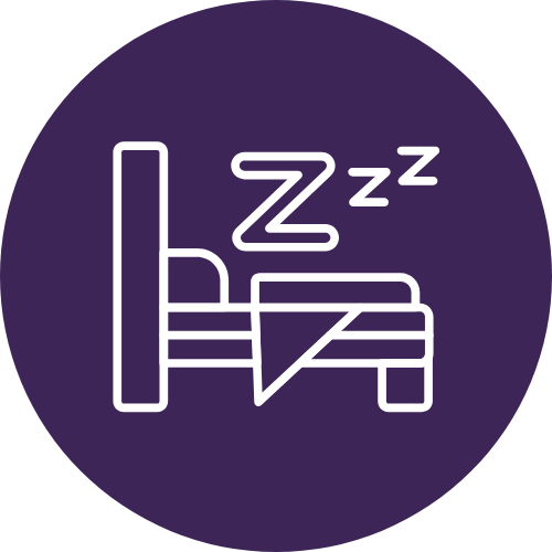 Icon of a bed with a pillow, with Z's above indicating sleeping, on a purple circular background.