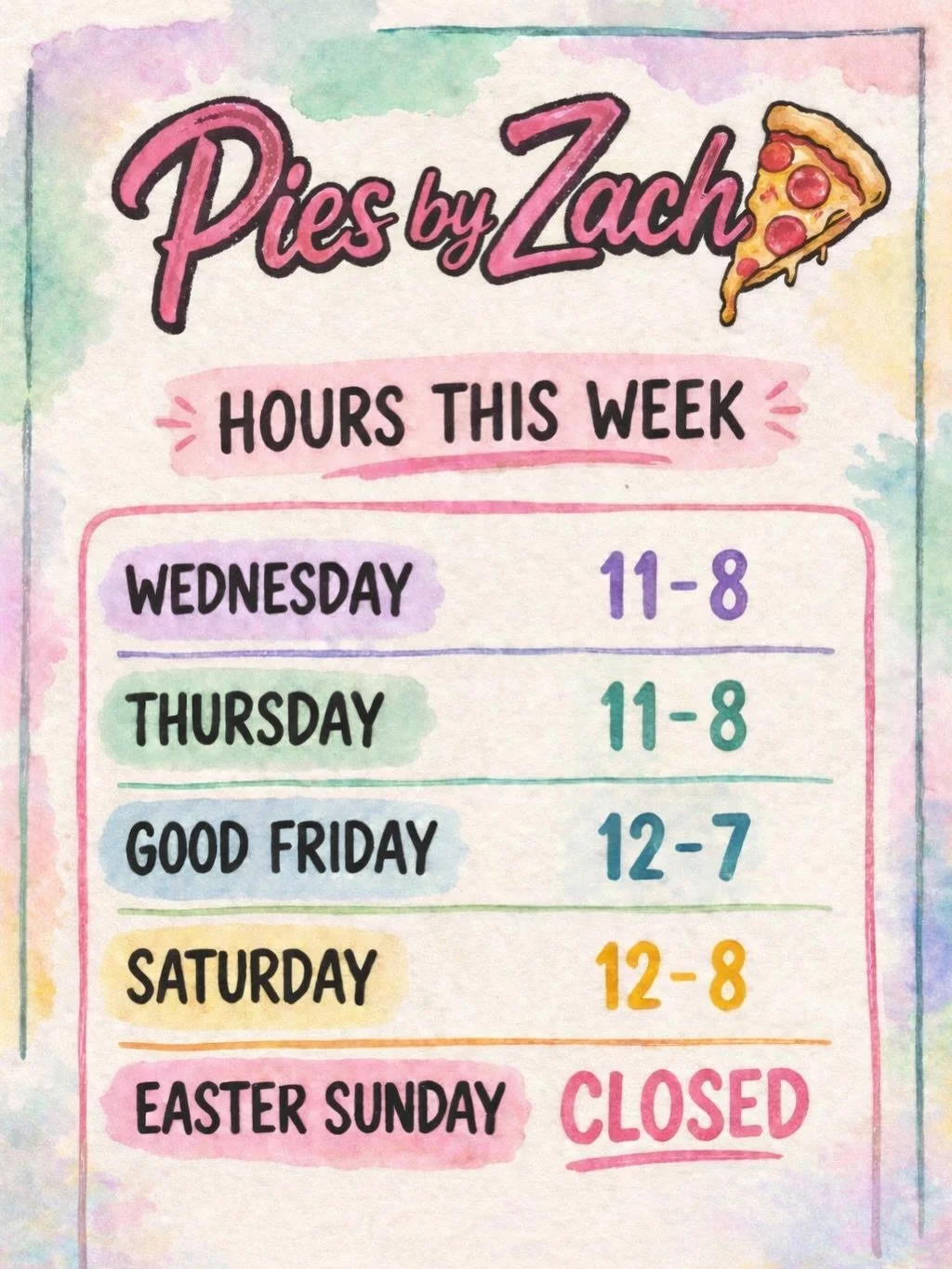 Happy Monday, pizza fam! 

Here&rsquo;s our hours for the week 👇
Closed Sunday for Easter so the team can enjoy some family time.

The Cuban is still on special &mdash; don&rsquo;t sleep on it, After this week it&rsquo;s gone! 

Have an awesome week