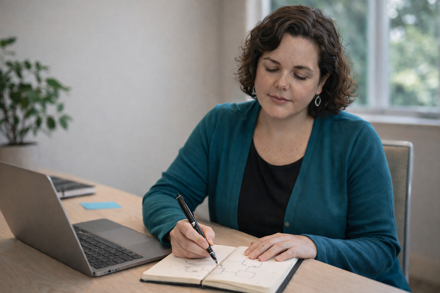 Woman sitting at a desk, writing in a notebook with a pen, with a laptop open beside her.