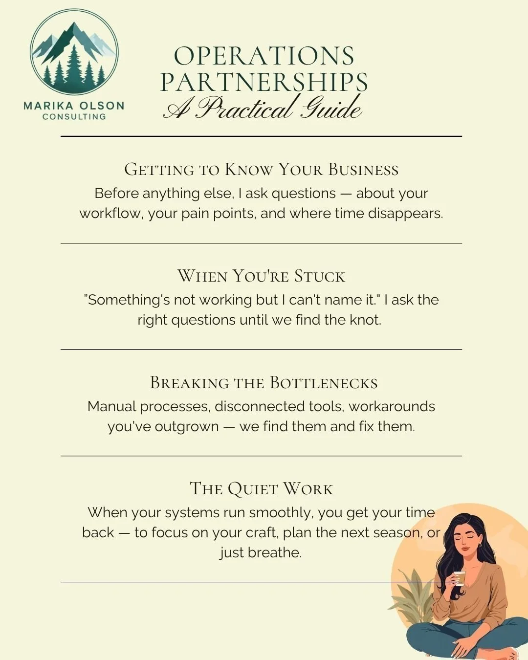 You know those retail training guides? "Greet the customer. Ask how you can help them." Straightforward, right? 

An operations partnership works the same way &mdash; just behind the scenes. 

I start by asking questions. Where does your ti