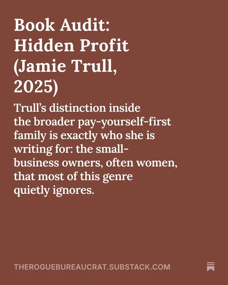 A 2025 small-business finance book that earns its keep by inverting the genre's standard order &mdash; literacy and money psychology first, tactics second. Honest credit for the craft, one sharp critique of the lead-magnet wall around the website res